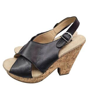 Denver Hayes Quad Comfort Women's Black Leather Cork Wedge Sandals
